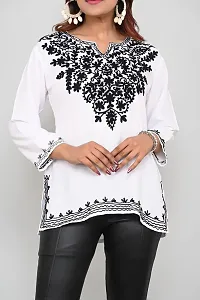 Woman's Embroidery Rayon White Kurtis Black Embroidery White Top-thumb3