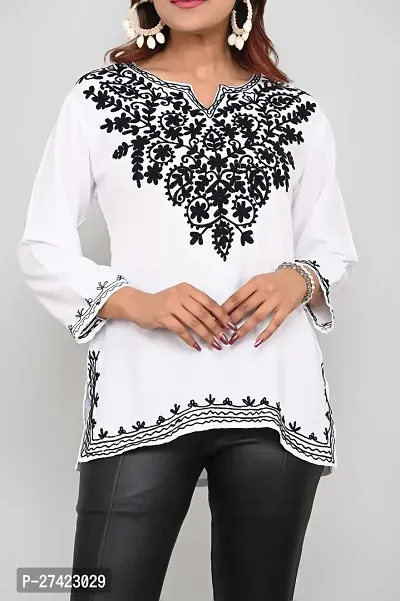 Woman's Embroidery Rayon White Kurtis Black Embroidery White Top-thumb4