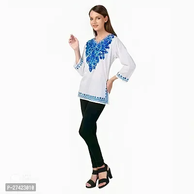 Woman's Embroidery Rayon White Kurtis Navy Embroidery White Top-thumb4