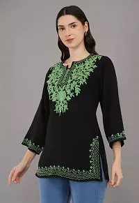 Woman's Embroidery Rayon Black Kurtis Green Embroidery White Top-thumb3