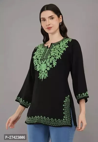 Woman's Embroidery Rayon Black Kurtis Green Embroidery White Top-thumb4