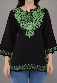 Woman's Embroidery Rayon Black Kurtis Green Embroidery White Top-thumb2