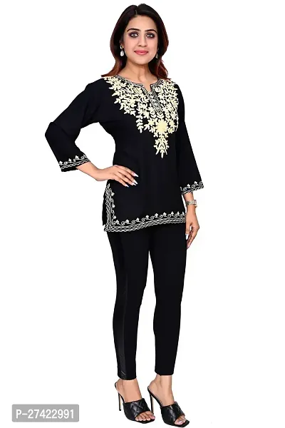 Woman's Embroidery Rayon Black Kurtis Gold Embroidery White Top-thumb4