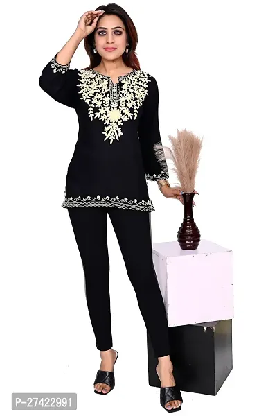 Woman's Embroidery Rayon Black Kurtis Gold Embroidery White Top-thumb5