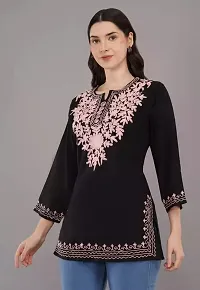 Woman's Embroidery Rayon Black Kurtis Pink Embroidery White Top-thumb3