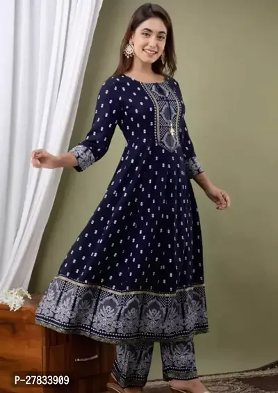 A Line Blue Printed Rayon Kurta-thumb0