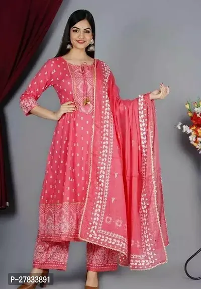 A Line Pink Printed Rayon Kurta set with dupatta