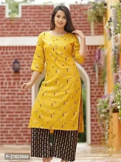 A Line Yellow Printed Rayon Kurta set-thumb0