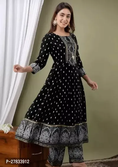 A Line Black Printed Rayon Kurta