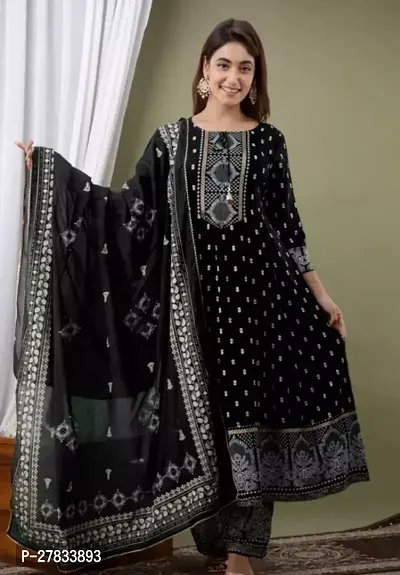 A Line Black Printed Rayon Kurta set with dupatta-thumb0