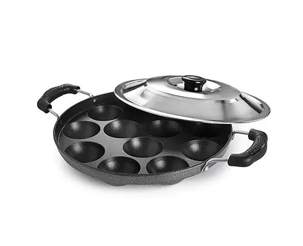 Canberry-Non-Stick Appe Pan with Steel Lid, 12 Cavity, Diameter 23 cm, Black Cast Aluminium,Color : Black