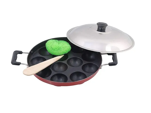 Fulkiza? Non-Stick 12 Cavities Appam Patra with Lid,Oil Brush and Scrub, Paniyarrakal,Paniyaram,Appam Pan-1 pics