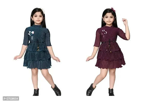 Stylish Multicoloured Crepe Self Pattern Frocks For Kids Girls, Pack Of 2