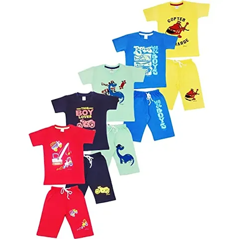 Crazyon boys roundneck t shirt shorts 3/4 set dress combo pack of 5 (1-2years)