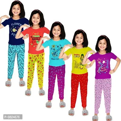 Crazyon Girls t Shirt Capri 3/4 th Set Cotton Combo Pack of 5 (5-6 Years, Pyjama Pant Set)