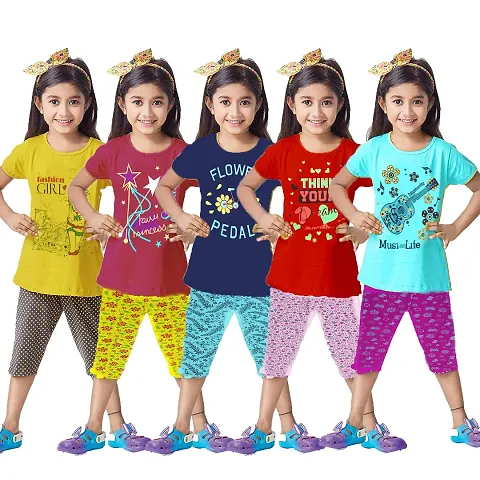 Crazyon Girls t Shirt Capri 3/4 th Set Combo Pack of 5