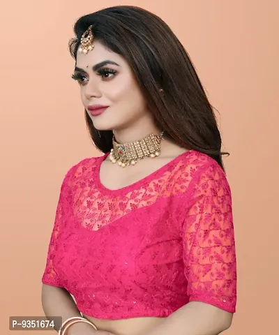 Beautiful Readymade Net Blouse For Women, Embroidery With Sequence Short Sleeve Blouse (Rani pink  Color)-thumb4