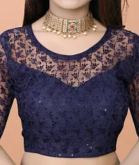Beautiful Readymade Net Blouse For Women, Embroidery With Sequence Short Sleeve Blouse (Navy blueColor)-thumb1