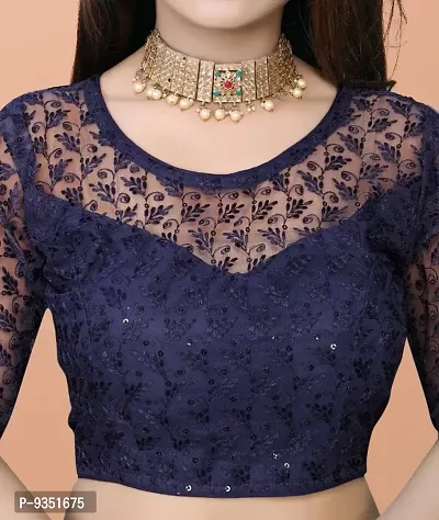 Beautiful Readymade Net Blouse For Women, Embroidery With Sequence Short Sleeve Blouse (Navy blueColor)-thumb2