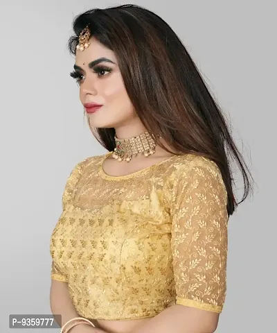 Beige Net Embroidered Blouses For Women-thumb0