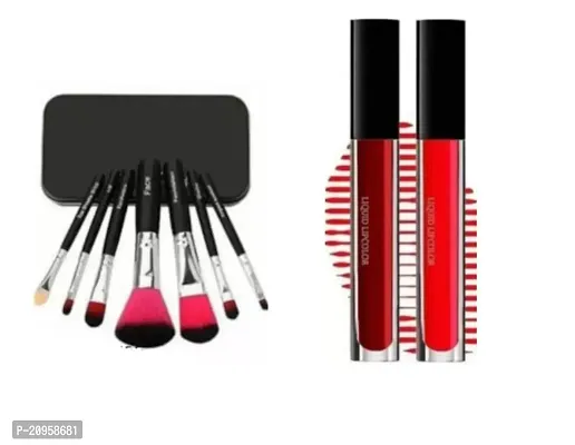 COMBO OF 7 MAKEUP BRUSHES WITH RED AND MAROON LIPSTICKS