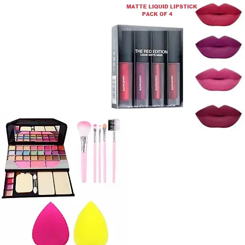 SET OF 4PCS. LIQUID LIPSTICK , EYESHADOW PALETTE,2PUFF,5PCS. BRUSHES