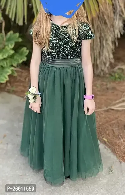 Stylish Green Net Solid Fit And Flare Dress For Girls