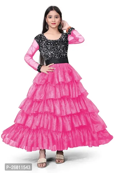 Stylish Pink Net Solid Fit And Flare Dress For Girls