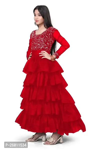 Stylish Red Net Solid Fit And Flare Dress For Girls