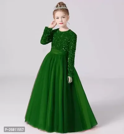 Stylish Green Net Solid Fit And Flare Dress For Girls-thumb0