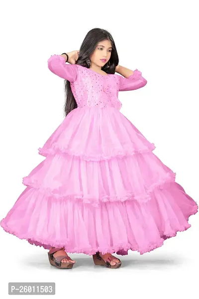 Stylish Pink Net Solid Fit And Flare Dress For Girls