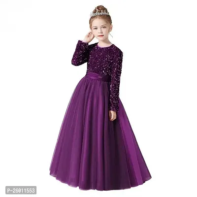 Stylish Purple Net Solid Fit And Flare Dress For Girls
