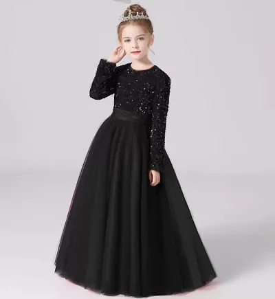 Stylish Black Net Solid Fit And Flare Dress For Girls