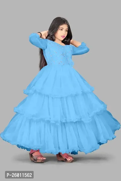 Stylish Blue Net Solid Fit And Flare Dress For Girls-thumb0