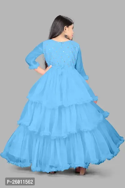 Stylish Blue Net Solid Fit And Flare Dress For Girls-thumb2