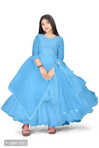 Stylish Blue Net Solid Fit And Flare Dress For Girls
