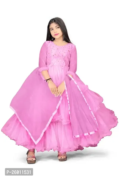 Stylish Pink Net Solid Fit And Flare Dress For Girls