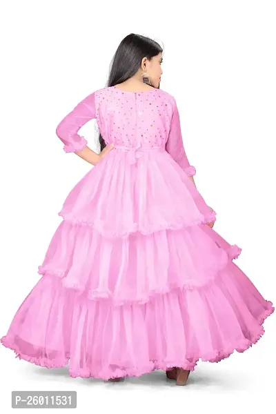 Stylish Pink Net Solid Fit And Flare Dress For Girls-thumb3