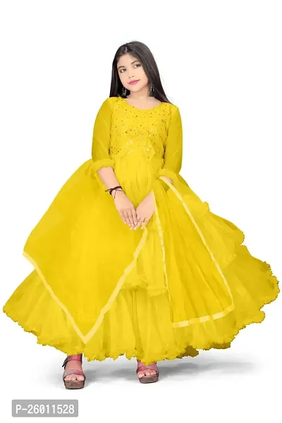 Stylish Yellow Net Solid Fit And Flare Dress For Girls