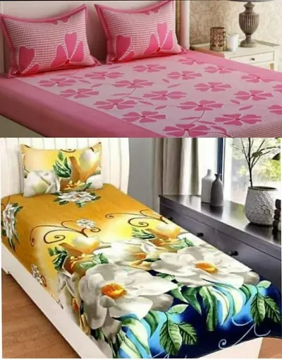 3D Polycotton Double Bedsheet &amp; Single Bedsheets Combo Of 2