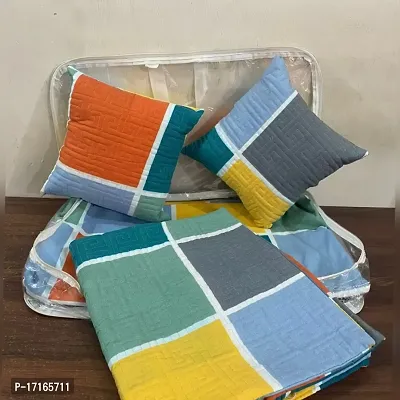 Multicolor Block print 5pcs set Glace cotton double bedsheet with 2 Pillow covers and 2 cushion covers-thumb0
