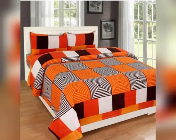 Cotton Villas 3D Printed Microfiber Orange Box Bedsheet for Double Bed with 2 Pillow Cover Microfiber and Cotton Mix Color Orange (88 X 88 inch )