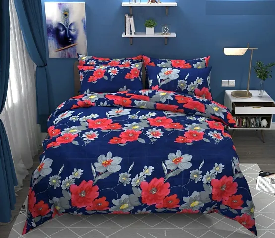 Amvy Creation 144 TC Polycotton 3D Printed Double Bedsheet with 2 Pillow Covers (Multicolour, Size 87 x 87 Inch)