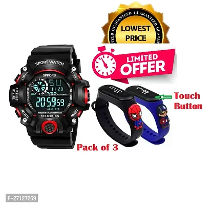 Sports-Digital Black Multi Functional  Touch Button Band Time Feature Display Combo Watch Offer(Pack Of 3)