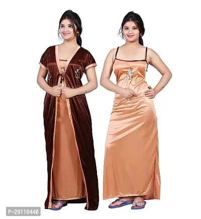Elegant Brown Satin Solid Nighty With Robe For Women