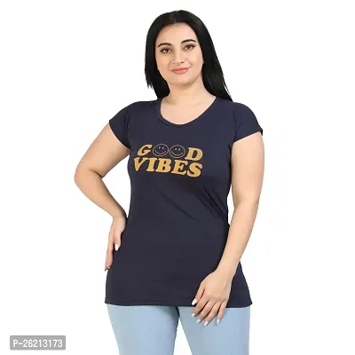 Elegant Navy Blue Cotton Printed Tshirt For Women