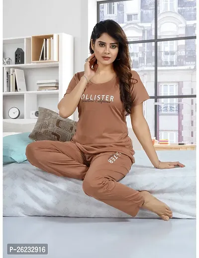 Stylish Beige Printed Cotton Blend Top  Pyjama Set For Women-thumb0