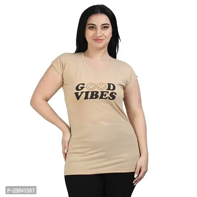 Elegant Beige Cotton Printed Tshirt For Women-thumb0