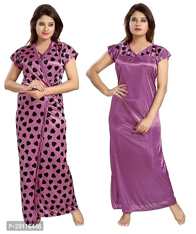 Elegant Purple Satin Printed Nighty With Robe For Women-thumb0