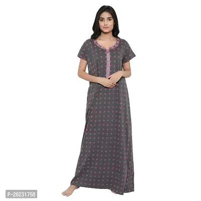 Stylish Grey Printed Cotton Nighty For Women-thumb0